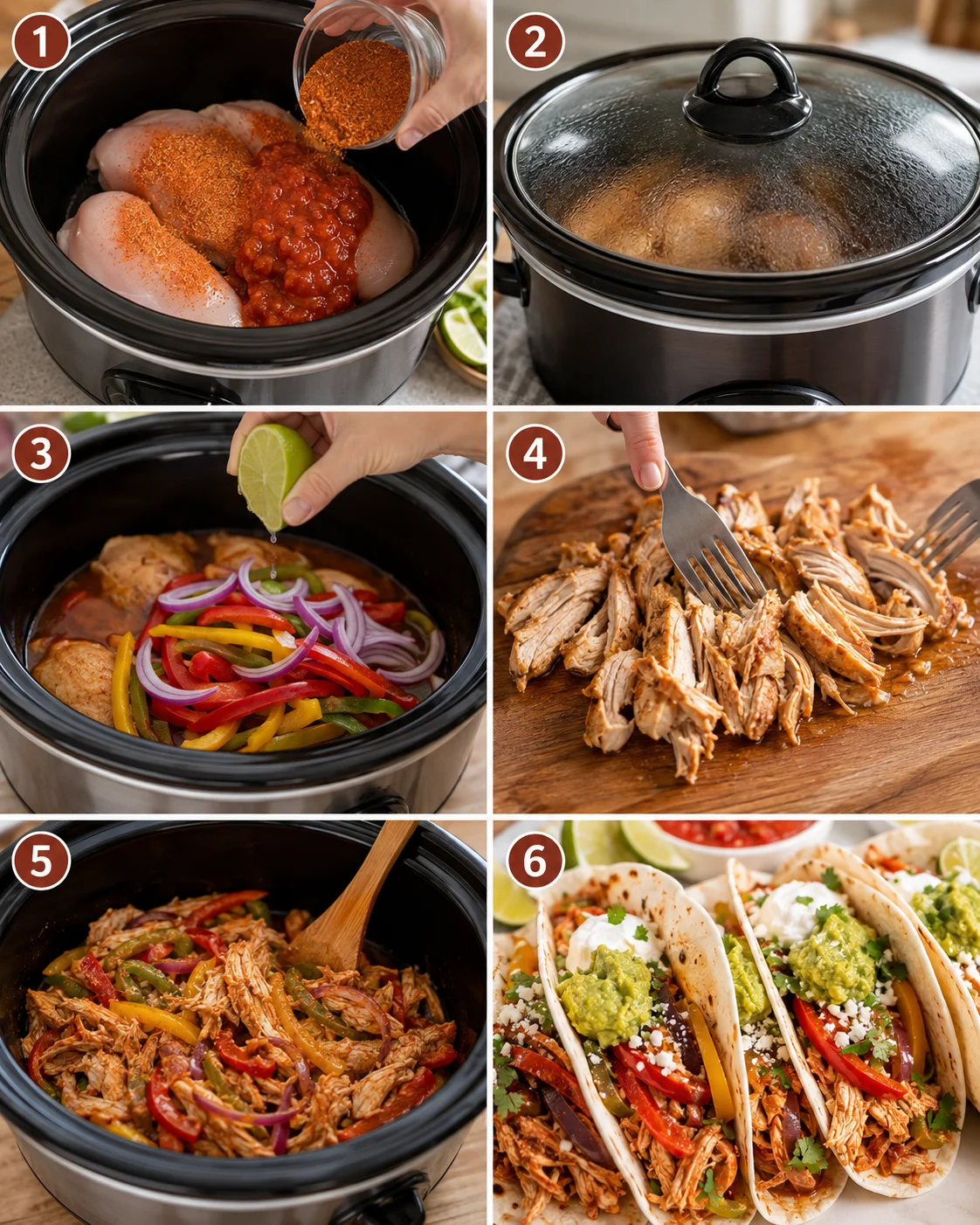 Numbered collage showing steps: adding ingredients to crock pot, covered slow cooker, adding peppers and lime, shredding chicken, stirring filling and plated fa