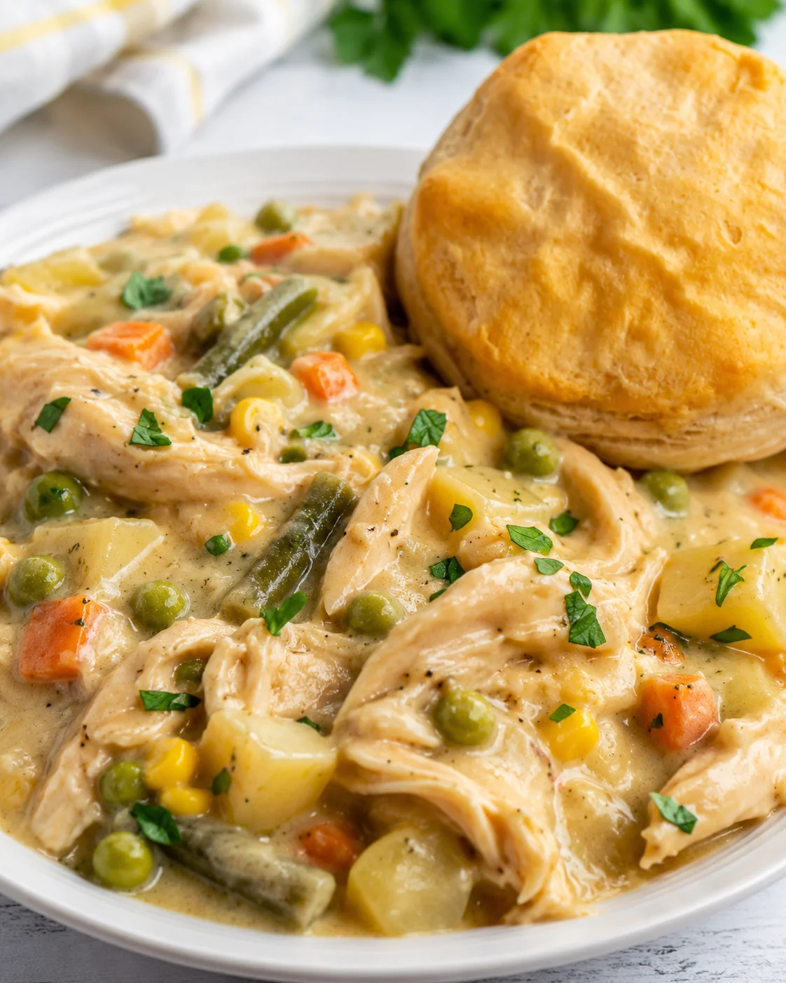 Close-up of crock pot chicken pot pie filling with vegetables and biscuit