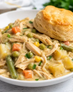 Plated crock pot chicken pot pie with shredded chicken, mixed vegetables in creamy gravy and a flaky biscuit