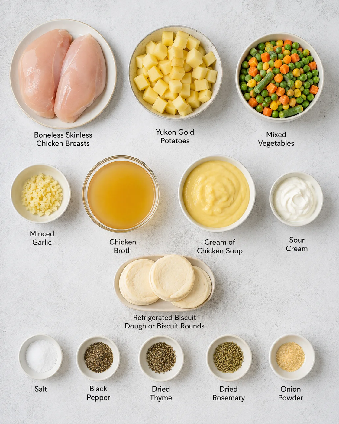 Top-down layout of ingredients for crock pot chicken pot pie including chicken, potatoes, mixed vegetables, broth and biscuits