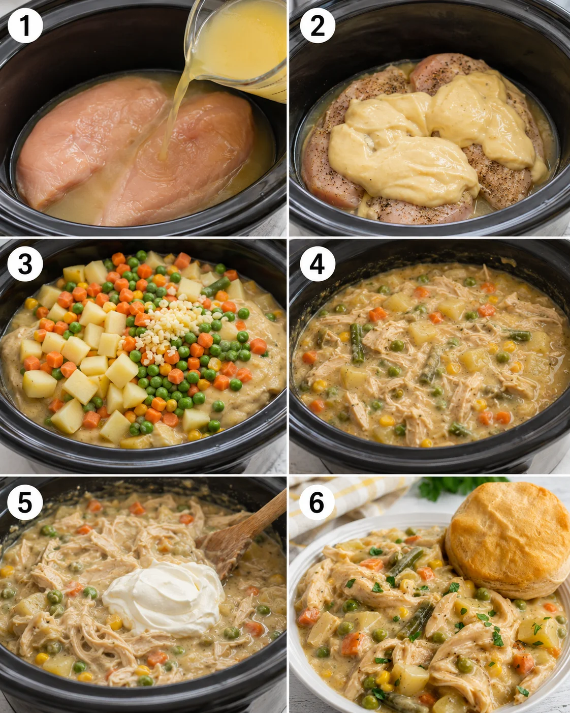 Six-panel photo collage of slow-cooker method showing adding broth, soup, vegetables, shredded chicken, sour cream and plated serving