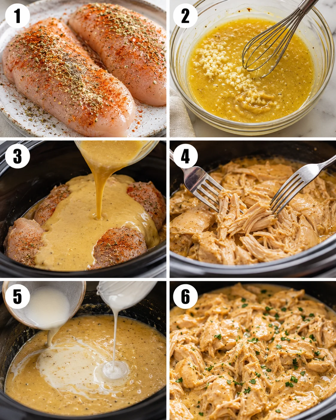 Six-panel process collage showing seasoning, sauce whisking, pouring into slow cooker, shredding, adding cream, and finished chicken