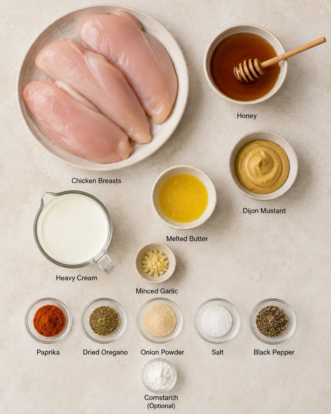 Top-down layout of ingredients for Crock Pot Honey Mustard Chicken including chicken, honey, dijon, butter, cream and spices