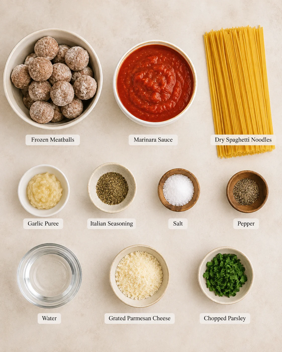 Top-down layout of ingredients for crock pot spaghetti and meatballs