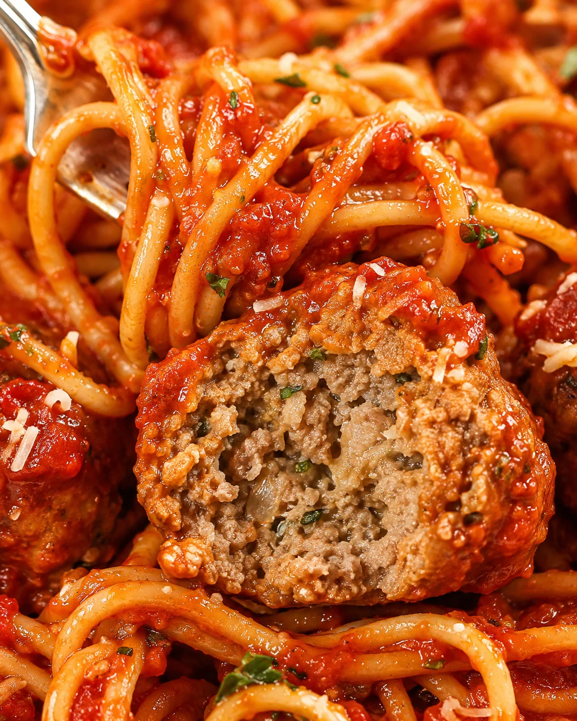 Cross-section of a meatball showing interior texture with spaghetti and sauce