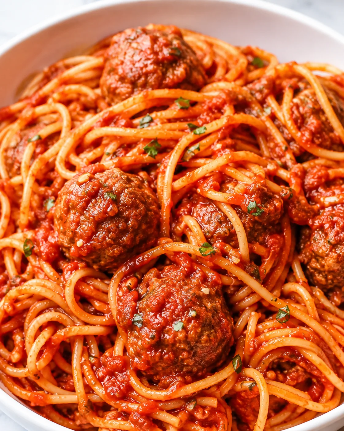 Close-up of crock pot spaghetti and meatballs in marinara sauce