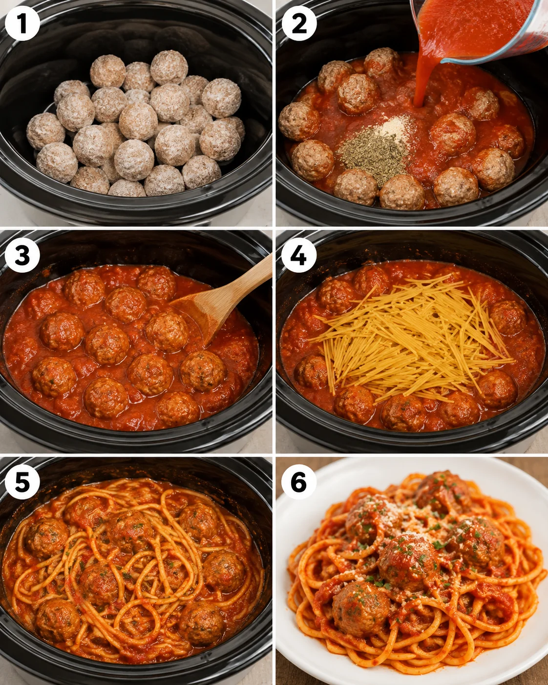 Six-step photo collage showing the crock pot spaghetti and meatballs cooking process