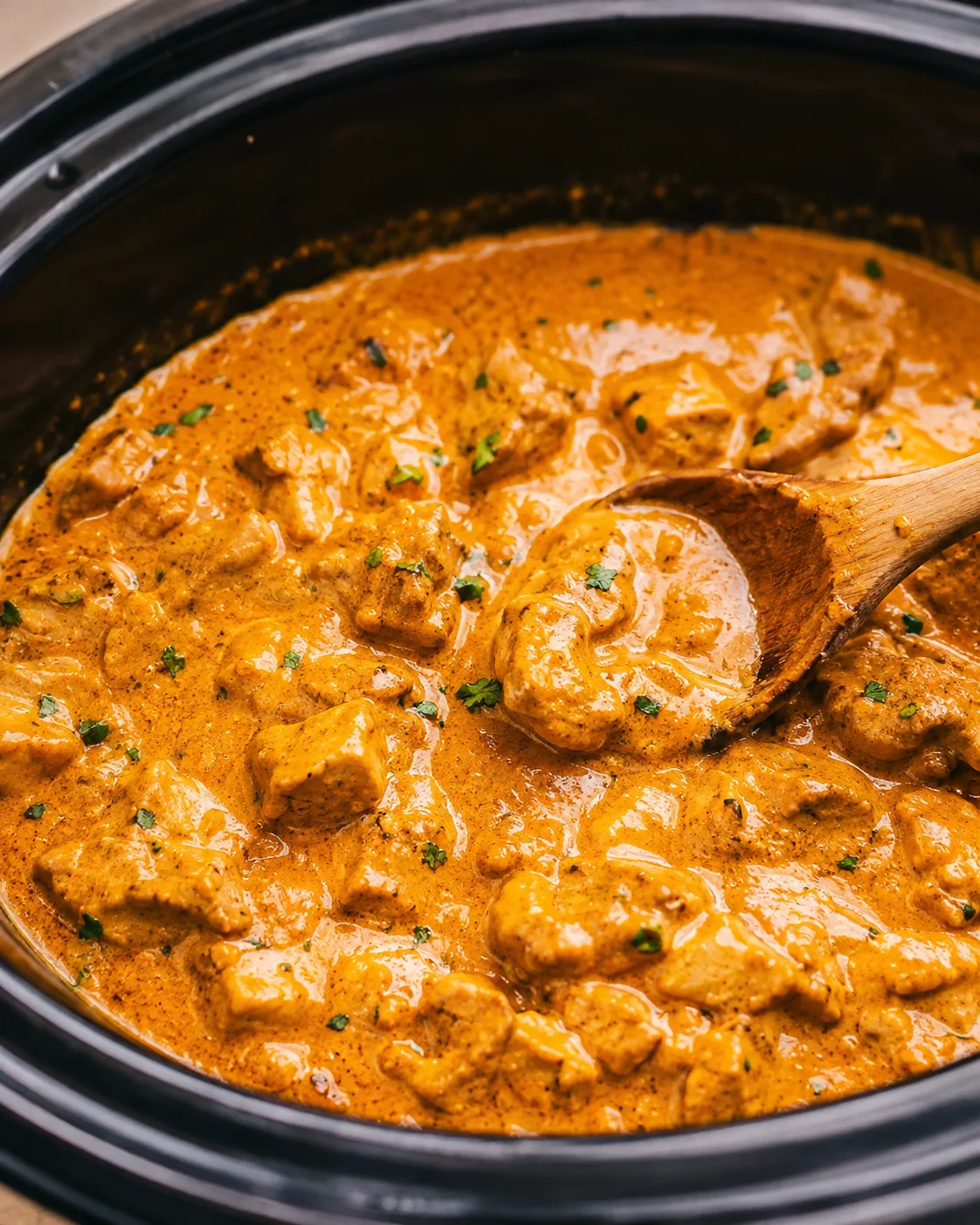 Slow cooker filled with creamy crockpot butter chicken and a wooden spoon