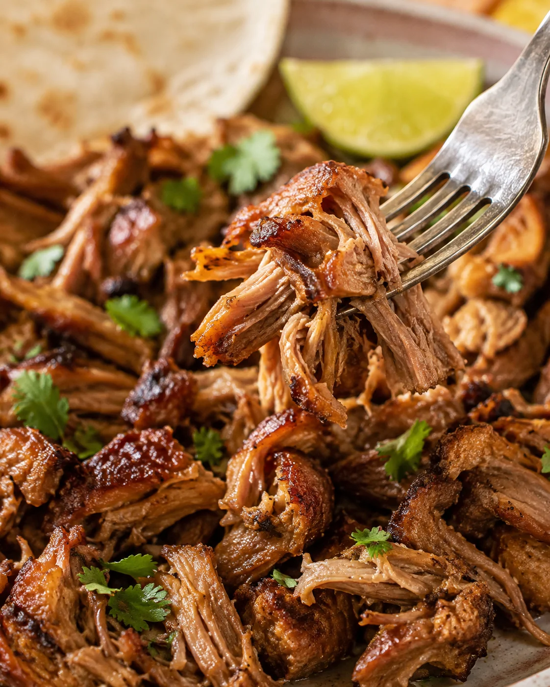 Fork lifting a bite of broiled crockpot carnitas with tortillas and a lime wedge in the background