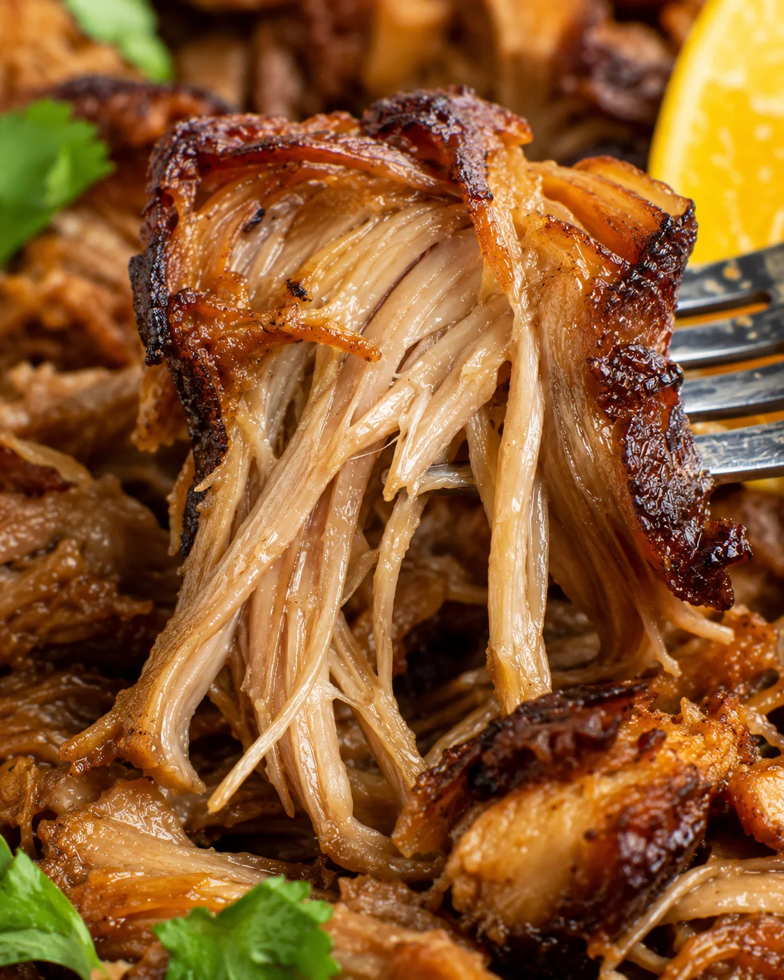 Close detail of shredded interior and caramelized exterior of crockpot carnitas on a fork
