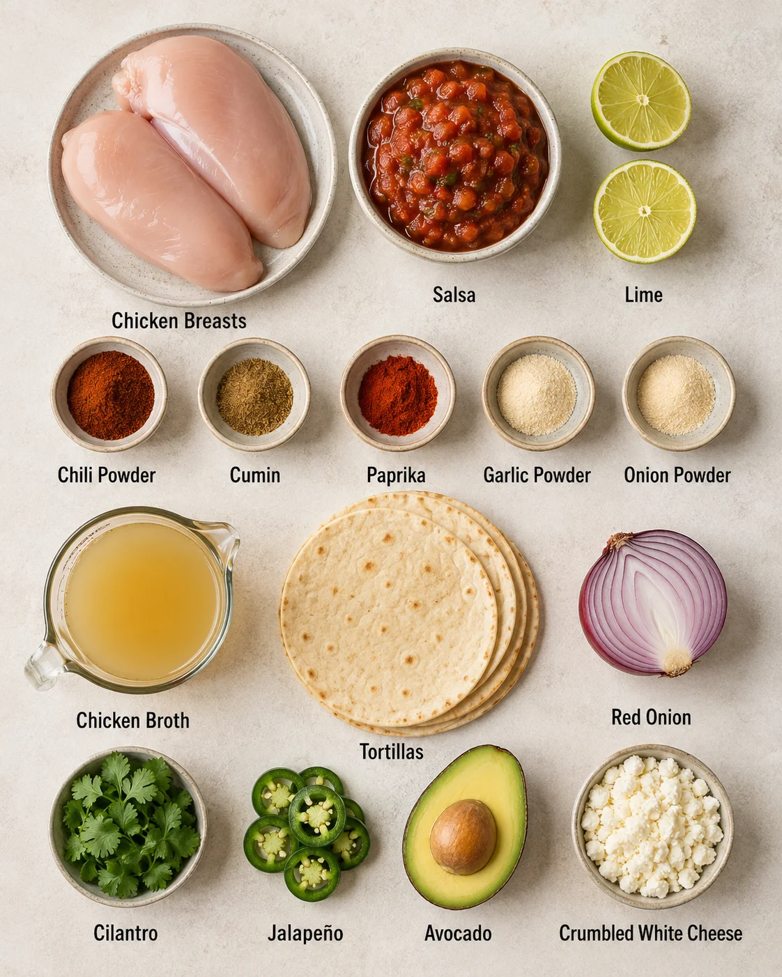 Top-down arrangement of ingredients for healthy crockpot chicken tacos including chicken breasts, spices, salsa, lime, broth, tortillas and toppings