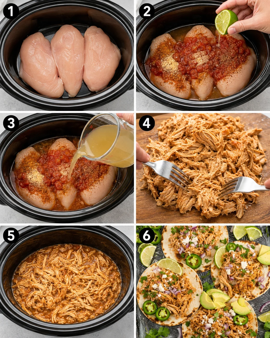 Six-panel step-by-step collage showing chicken in a crockpot, adding salsa and broth, shredding and finished tacos