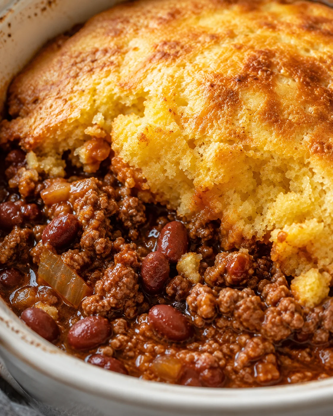 Slow cooker filled with Crockpot Cornbread Chili with cornbread crust and chili visible at the edge