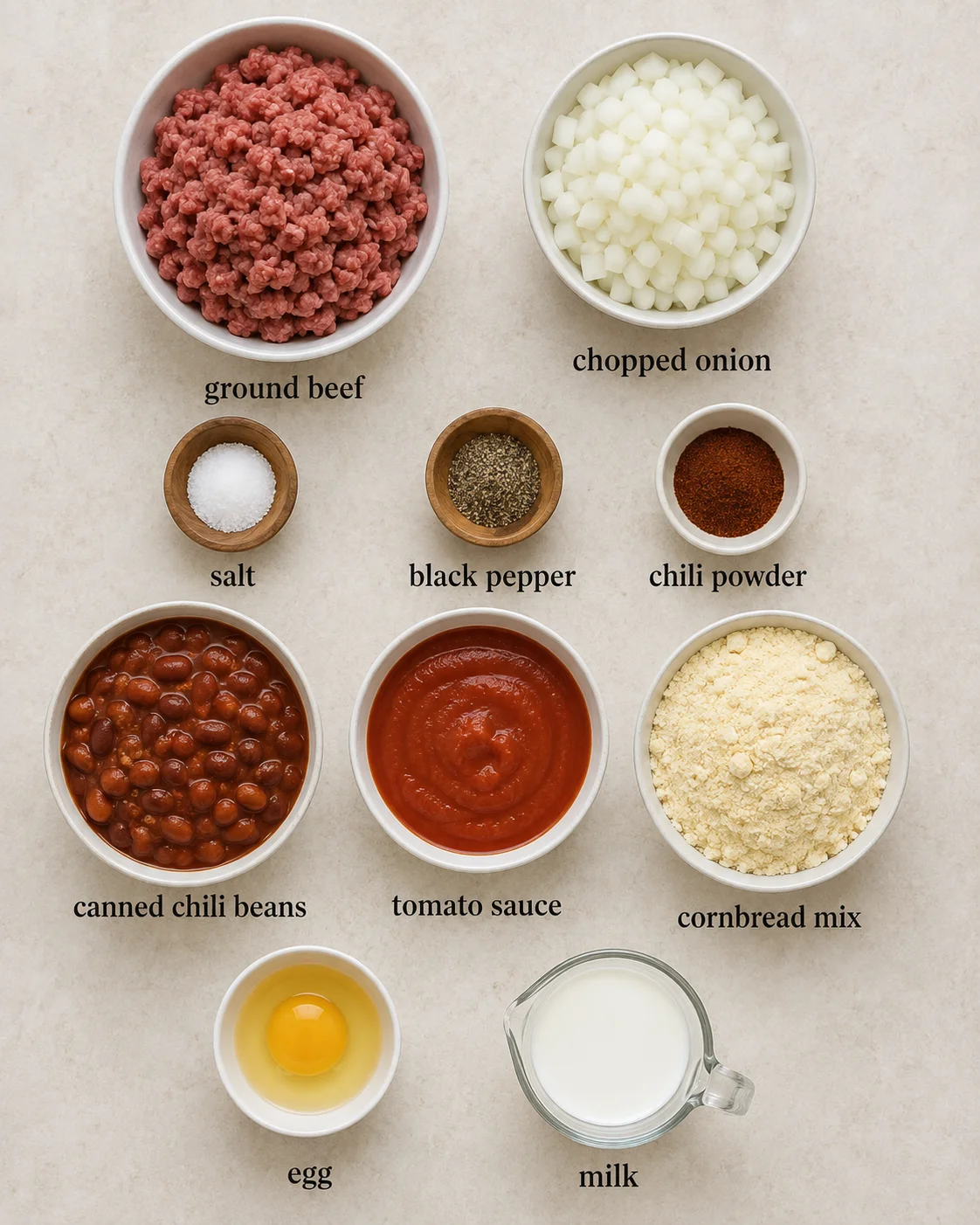 Top-down bowls of ground beef, chopped onion, spices, chili beans, tomato sauce, cornbread mix, egg and milk