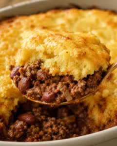 Spoon lifting a portion of Crockpot Cornbread Chili showing cornbread topping and beefy chili