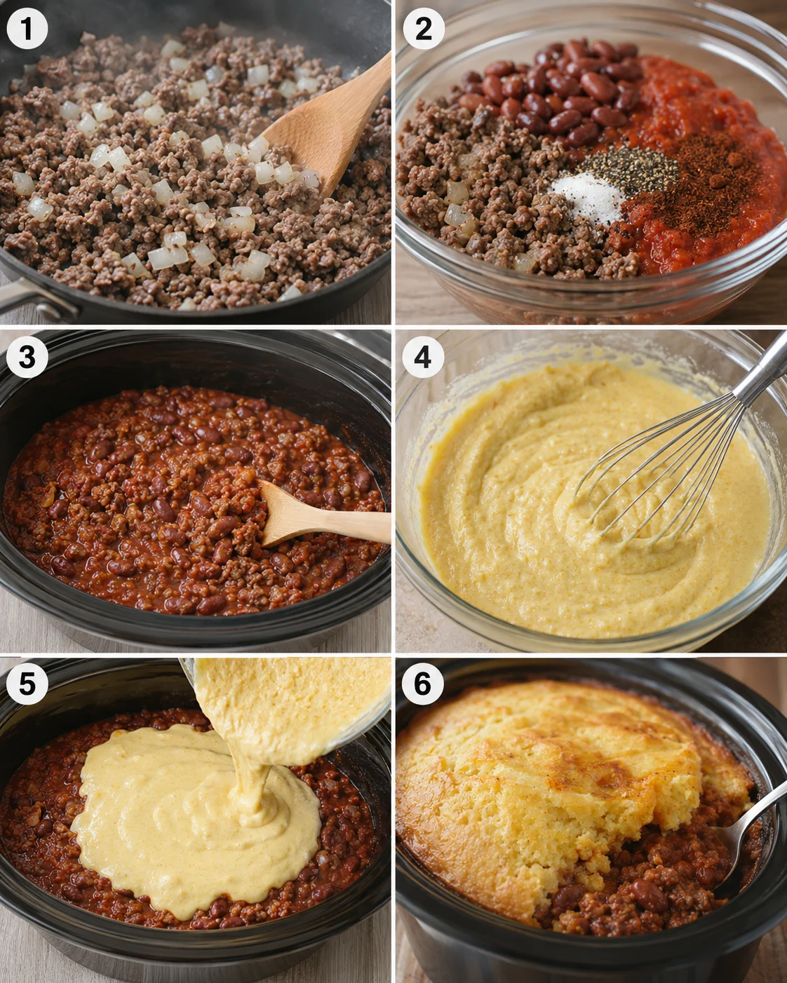 Six-panel step process showing browning beef, combining ingredients, slow-cooker, cornbread batter, pouring batter and finished dish