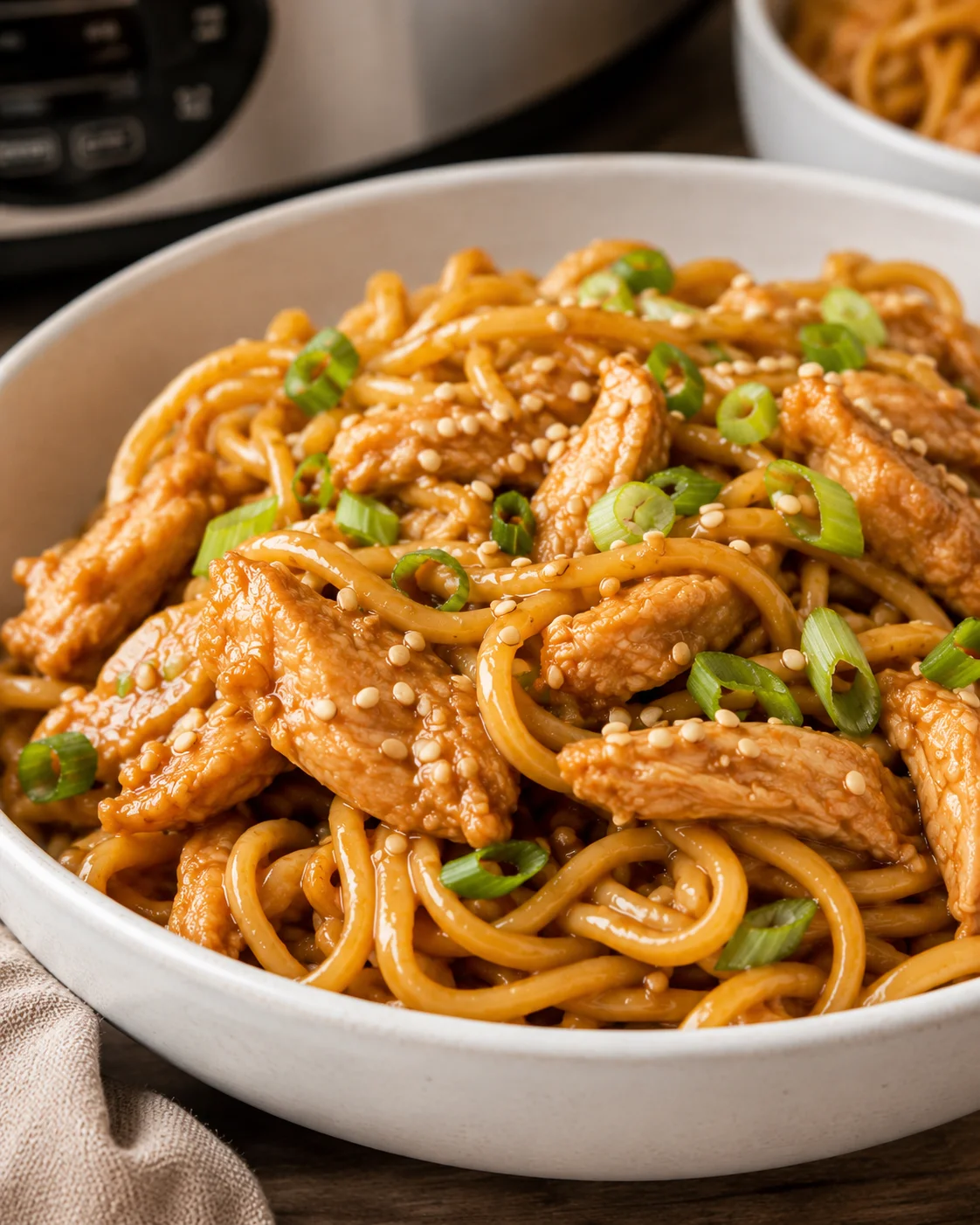 Bowl of crockpot honey garlic chicken noodles garnished with sliced green onions and sesame seeds