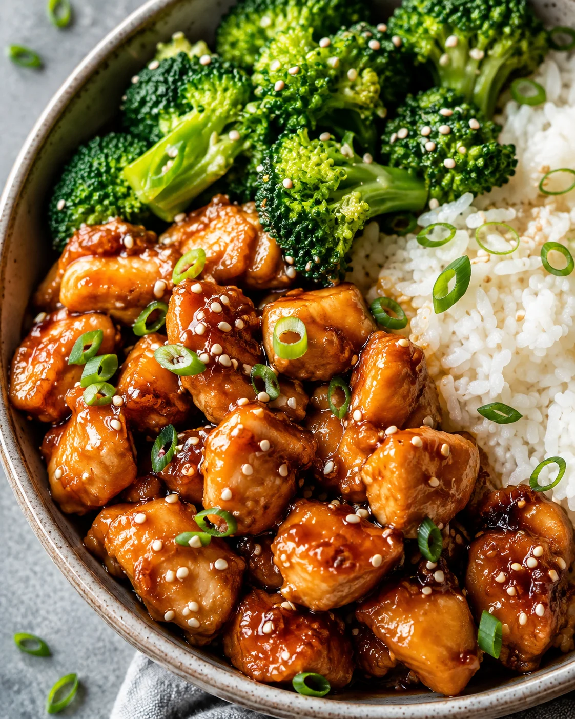 Bowl of crockpot teriyaki chicken with rice and broccoli