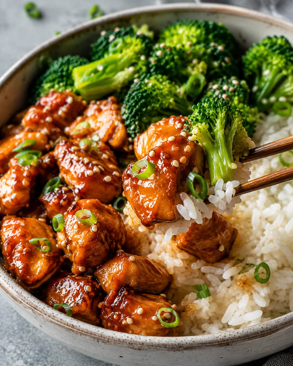 Chopsticks lifting a piece of crockpot teriyaki chicken with rice and broccoli in the background