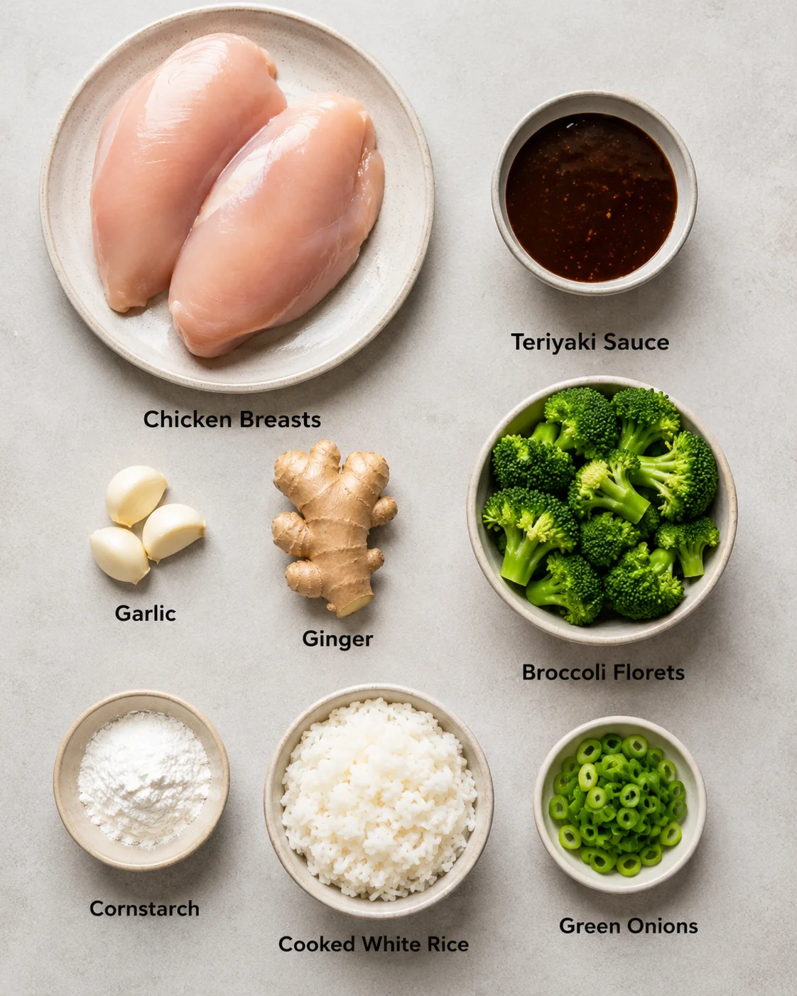 Top-down arrangement of ingredients for crockpot teriyaki chicken including raw chicken, teriyaki sauce, garlic, ginger, cornstarch, rice, broccoli, and greenOn