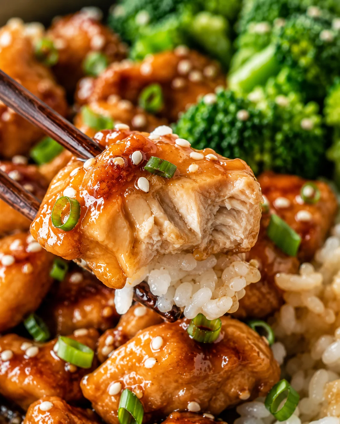 Close-up showing the moist interior of a crockpot teriyaki chicken bite with glaze and sesame