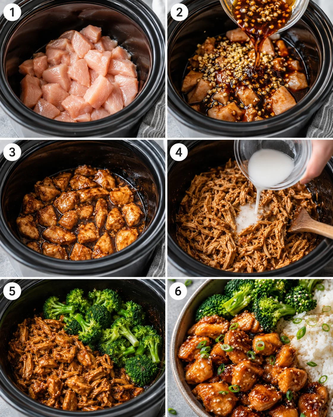 Six-panel step-by-step collage showing prepping, adding sauce, shredded chicken, slurry, broccoli, and the plated crockpot teriyaki chicken