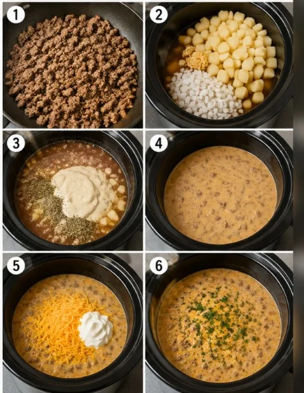 Step-by-step process of making hearty hamburger potato soup in a slow cooker.