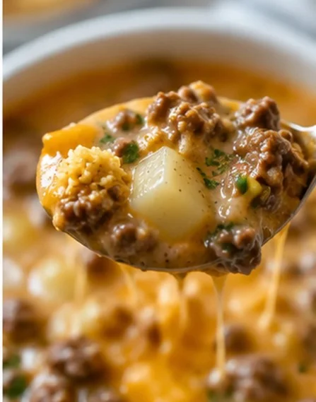 Close-up of creamy homemade hamburger potato soup with beef and potatoes in a spoon