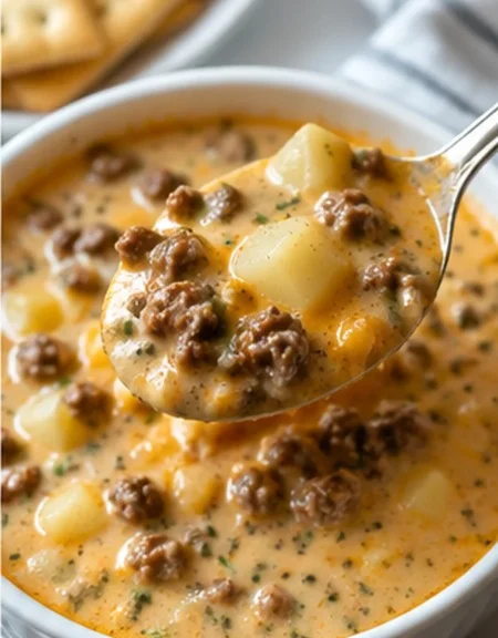 A spoonful of creamy hamburger potato soup with ground beef and tender potatoes.