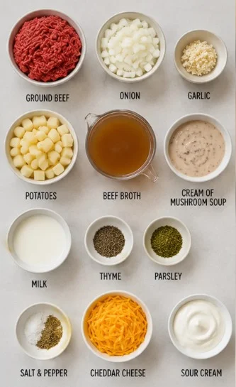 Ingredients for hearty crock pot hamburger potato soup including ground beef, potatoes, and broth.