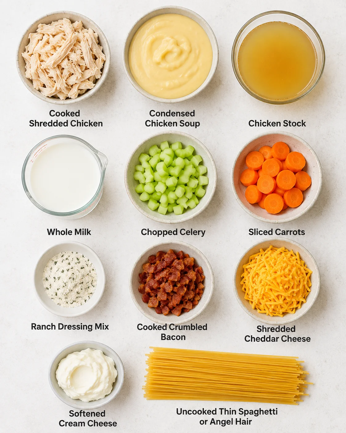 Ingredients for delicious crack chicken noodle soup arranged in bowls.