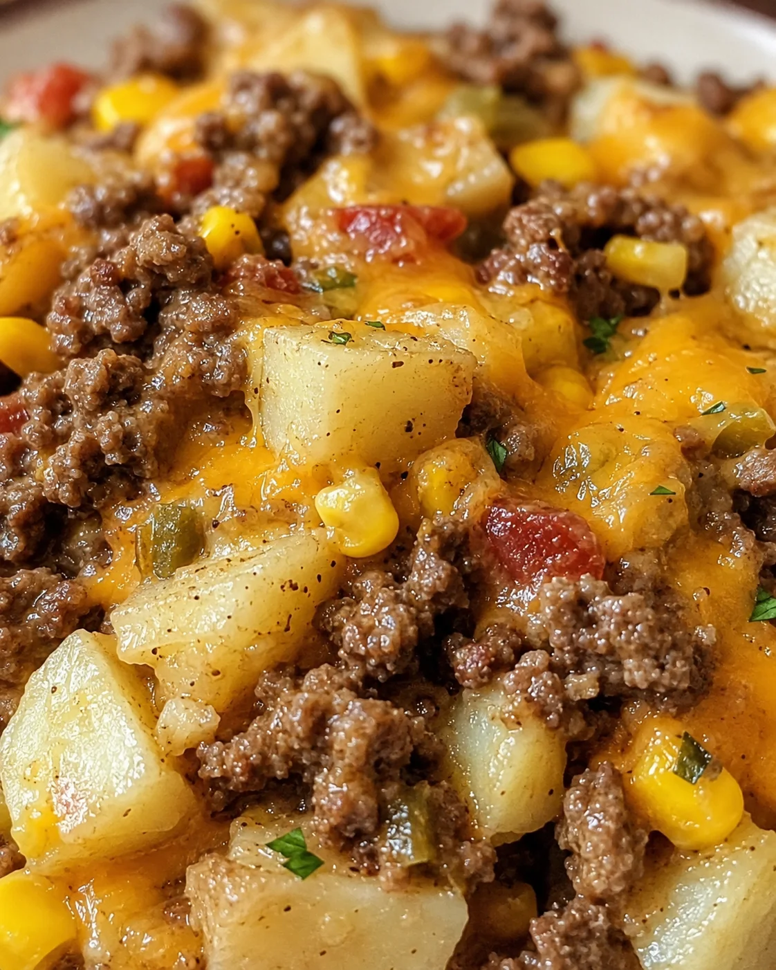 Close-up of a cheesy, ground beef and potato casserole in a bowl.
