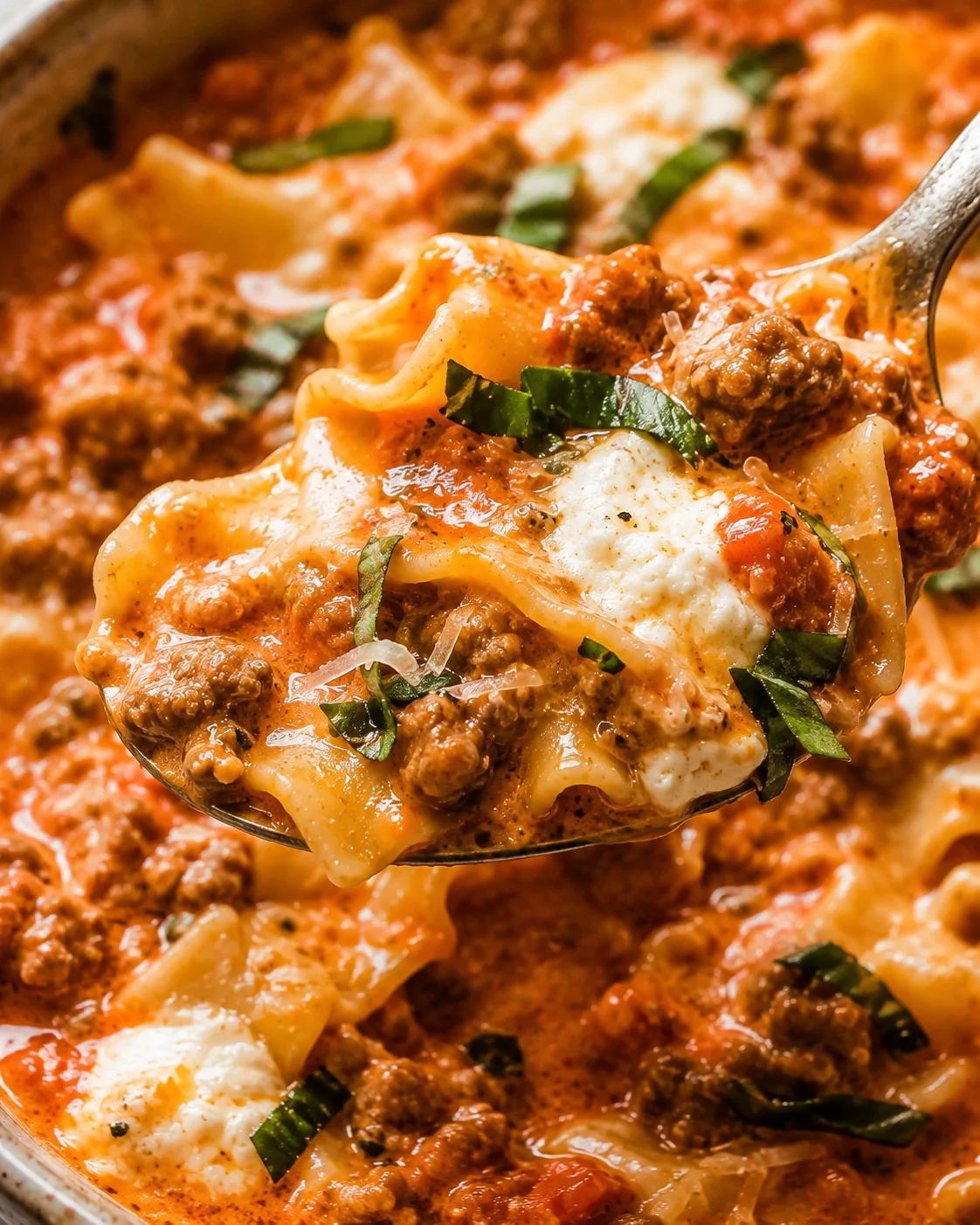 Ladle holding a spoonful of Easy Creamy Lasagna Soup showing noodles, ricotta, beef and sauce