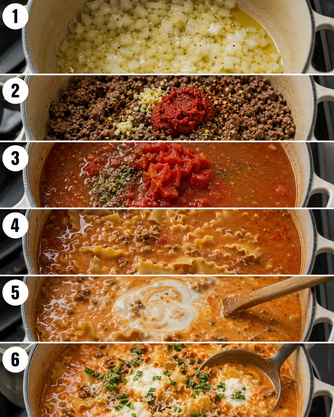 Six-panel collage showing the cooking steps for Easy Creamy Lasagna Soup in a pot