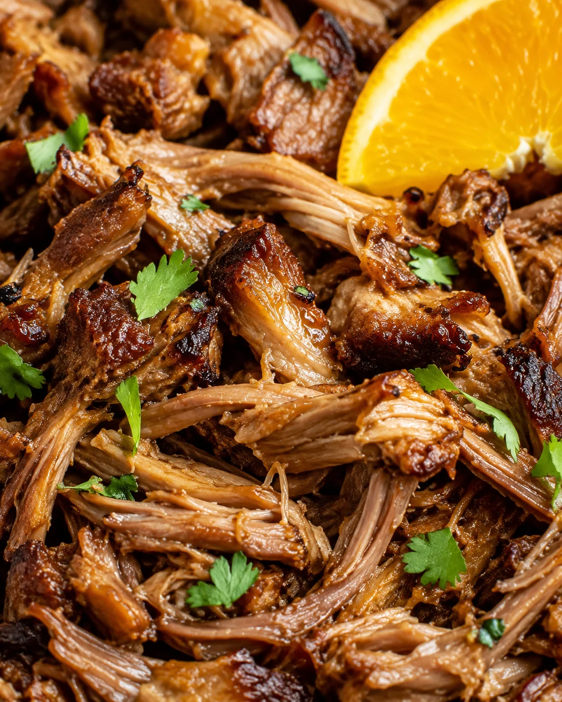 Close-up of crispy shredded crockpot carnitas garnished with cilantro and an orange wedge