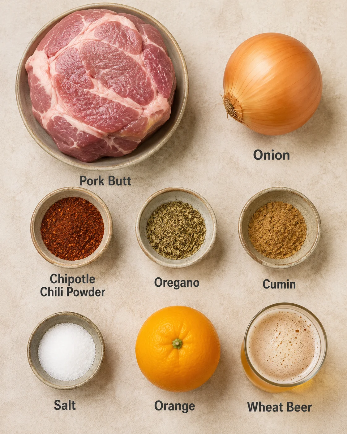 Top-down view of ingredients for crockpot carnitas: pork butt, onion, chipotle, oregano, cumin, salt, orange, and wheat beer