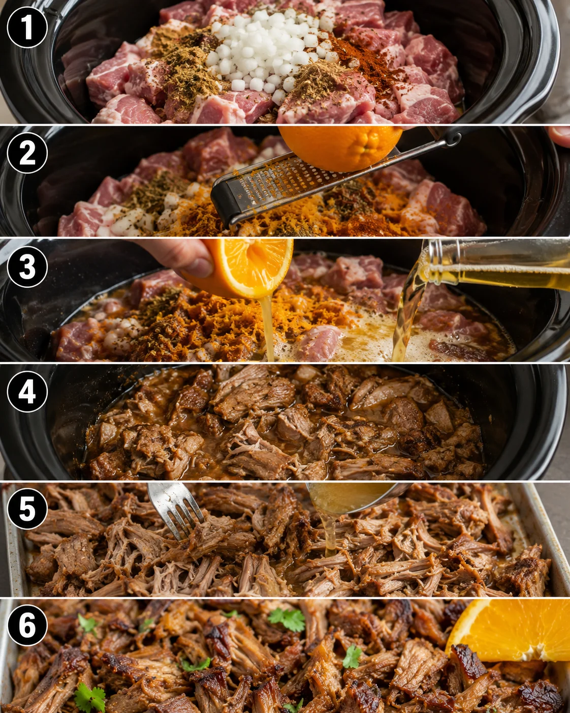 Collage of six numbered steps showing assembling spices and pork in the slow cooker through shredding and broiling the carnitas
