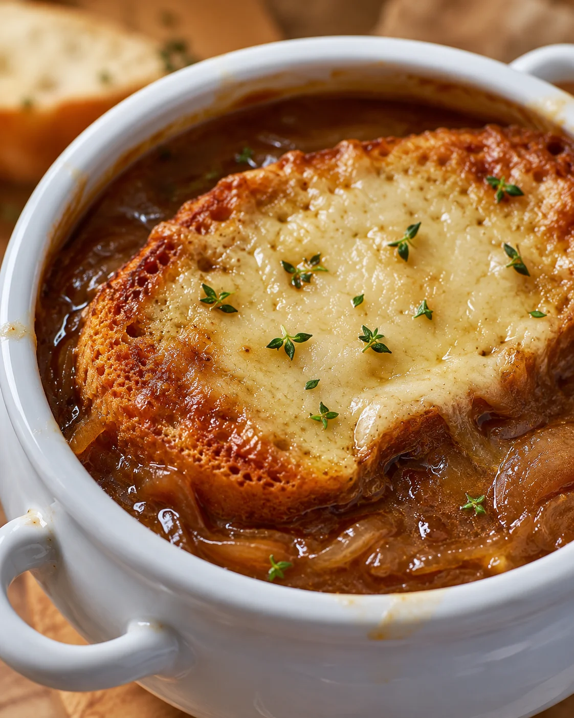 Bowl of French onion soup topped with a toasted baguette slice and melted gruyère