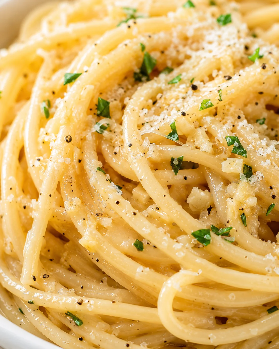 Close-up of creamy garlic butter noodles topped with parsley and Parmesan cheese.