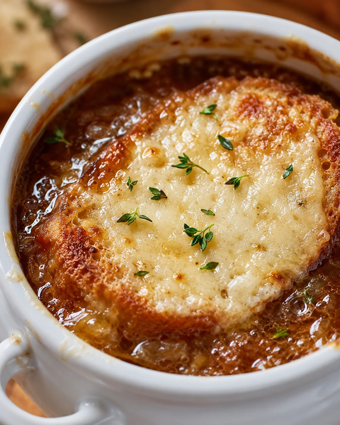 Close-up of browned, bubbling gruyère and thyme on toasted bread in French onion soup