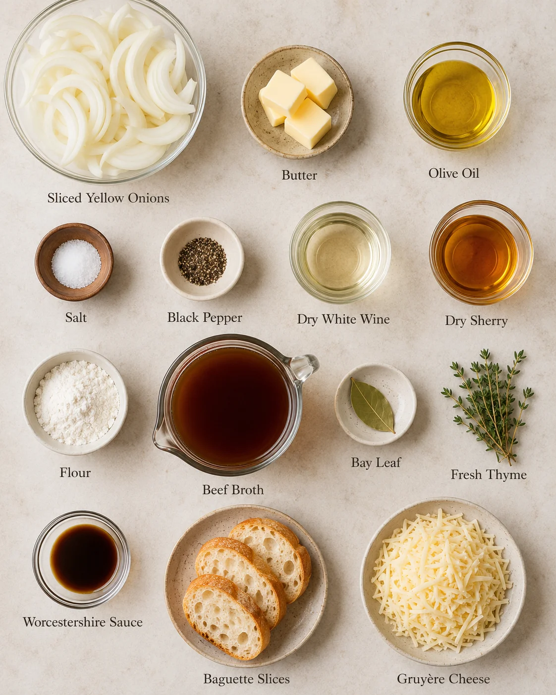Top-down layout of sliced onions, butter, oil, wine, broth, baguette and grated gruyère