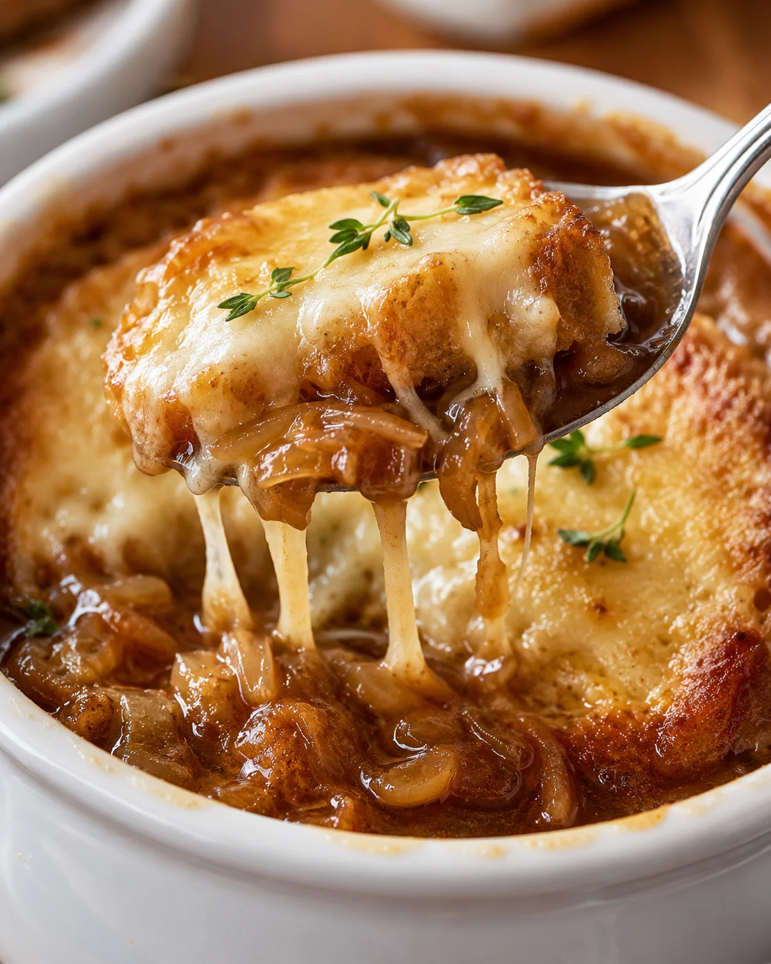 Spoon lifting a cheesy baguette piece from French onion soup with strings of melted cheese