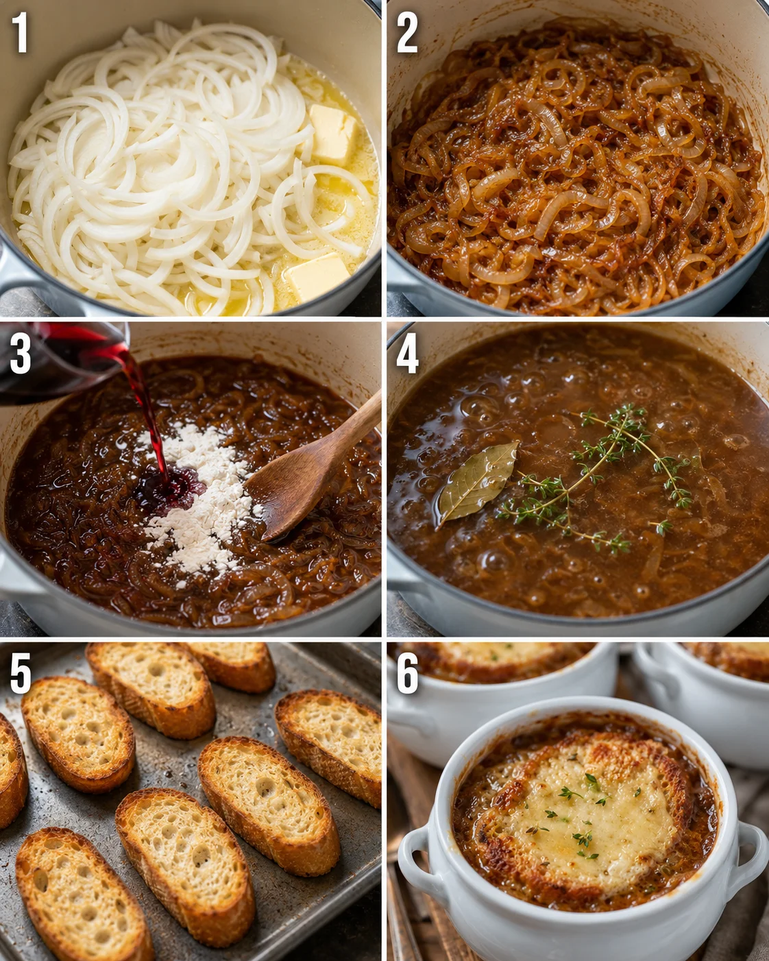 Six-panel collage showing cooking steps from sliced onions to finished baked soup