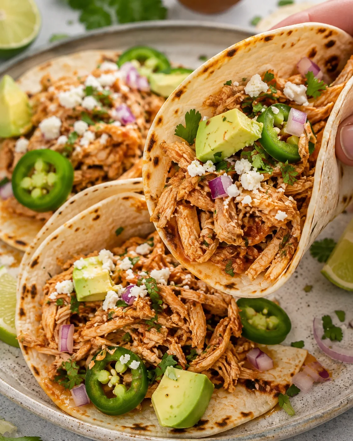 Hand holding a shredded crockpot chicken taco with avocado and jalapeño