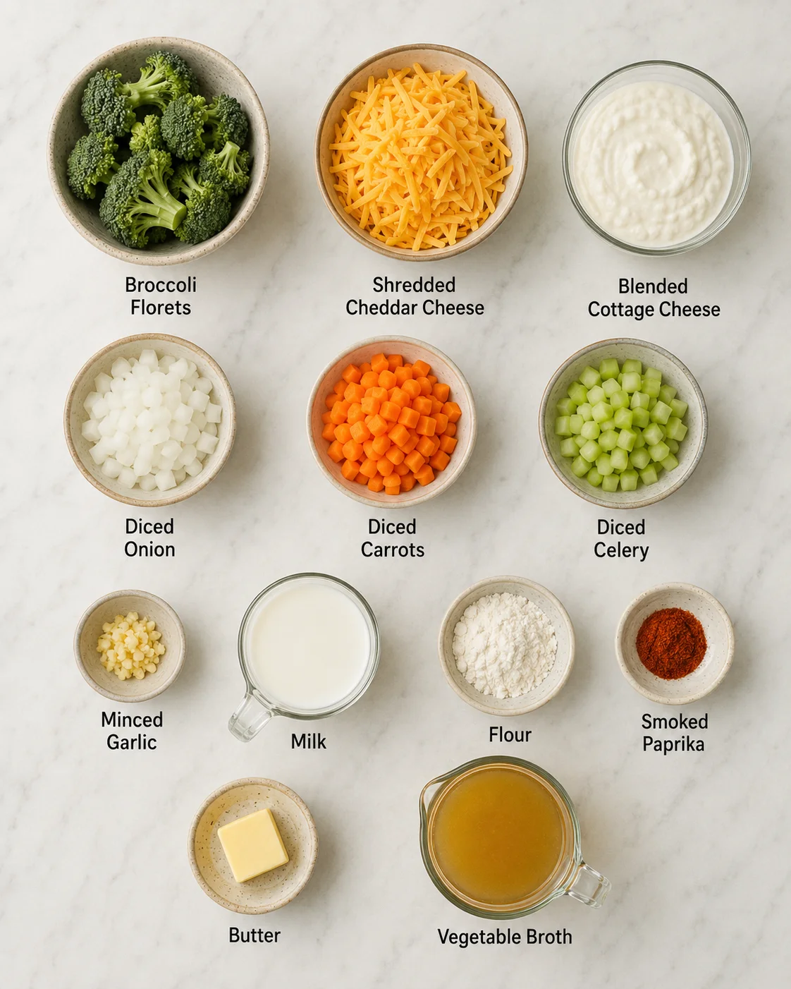 Top-down view of ingredients for High Protein Broccoli Cheddar Soup arranged in bowls on a marble surface.
