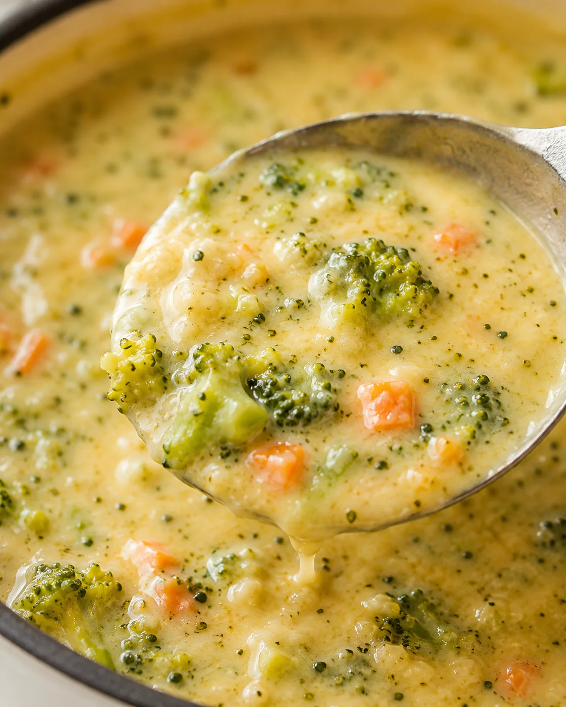 Close-up detail of High Protein Broccoli Cheddar Soup on a ladle showing broccoli pieces and a velvety cheesy texture.