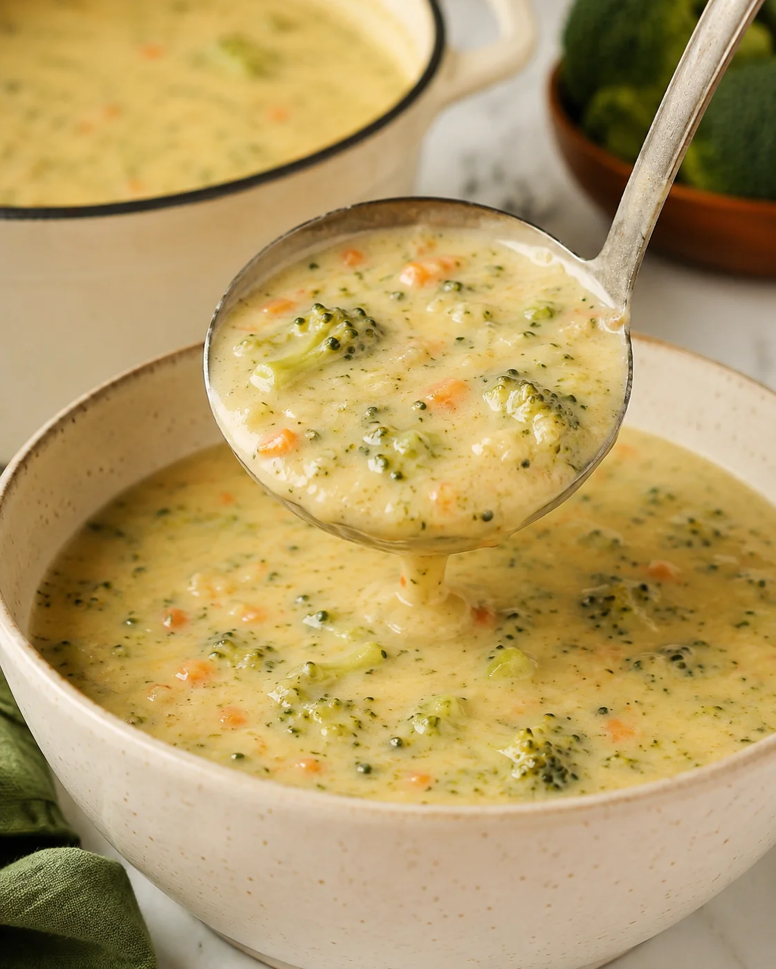 Ladle serving of High Protein Broccoli Cheddar Soup being poured into a bowl with the pot visible in the background.