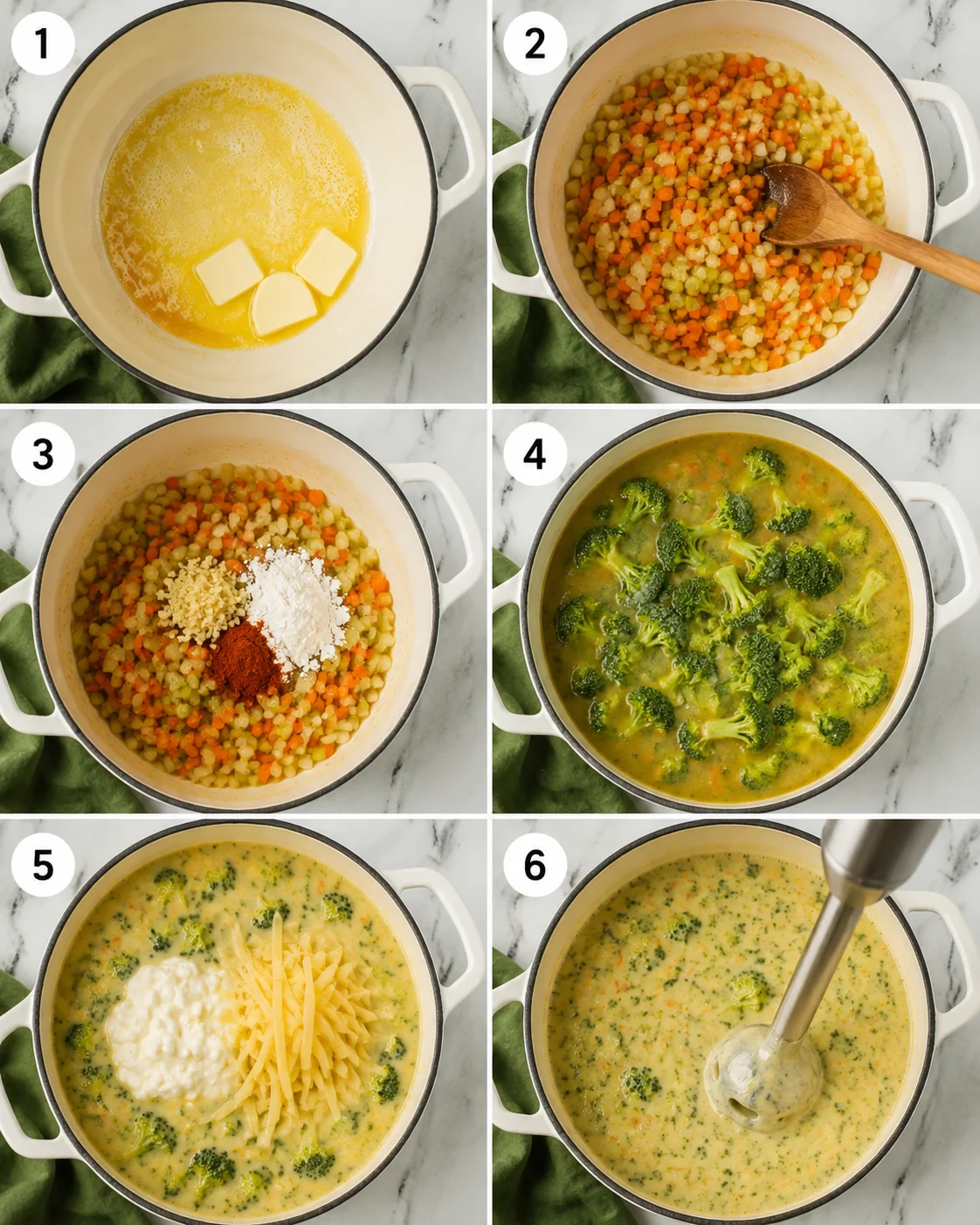 Six-panel step-by-step images showing the cooking process for High Protein Broccoli Cheddar Soup in a pot.