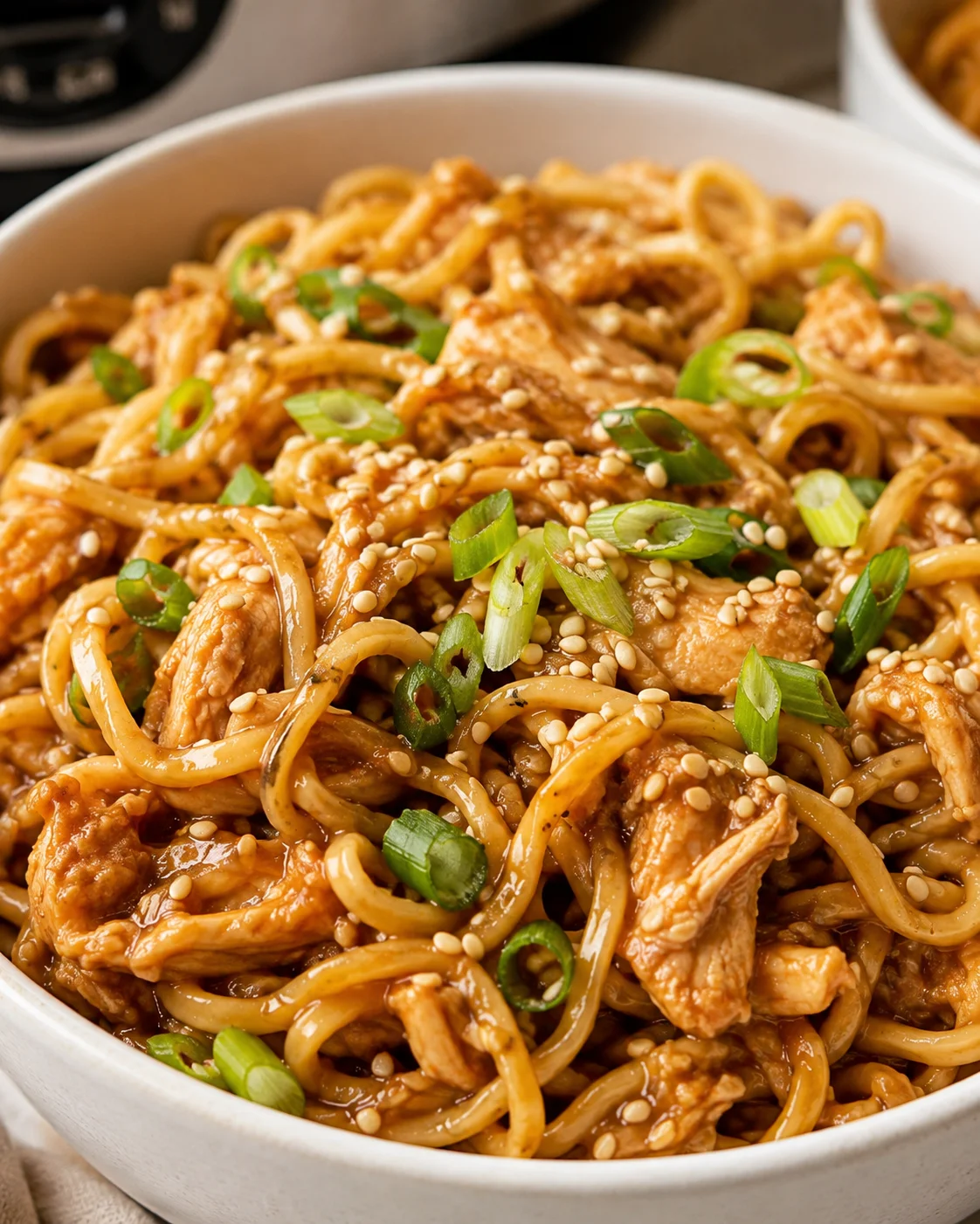 Close-up of crockpot honey garlic chicken noodles showing glossy noodles, shredded chicken, sesame seeds and green onions