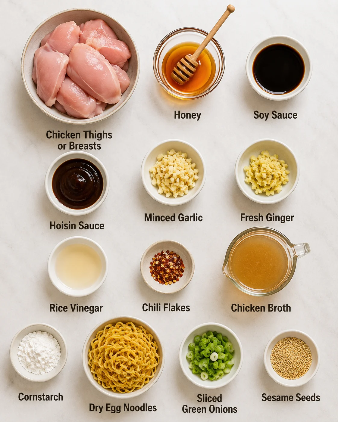 Top-down arrangement of ingredients for crockpot honey garlic chicken noodles including chicken, honey, soy sauce, hoisin, garlic, ginger, broth, noodles and t​